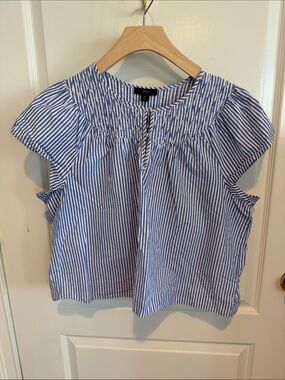 J. Crew Blue and White Striped Smocked Yoke Cap Sleeve Cotton Blouse